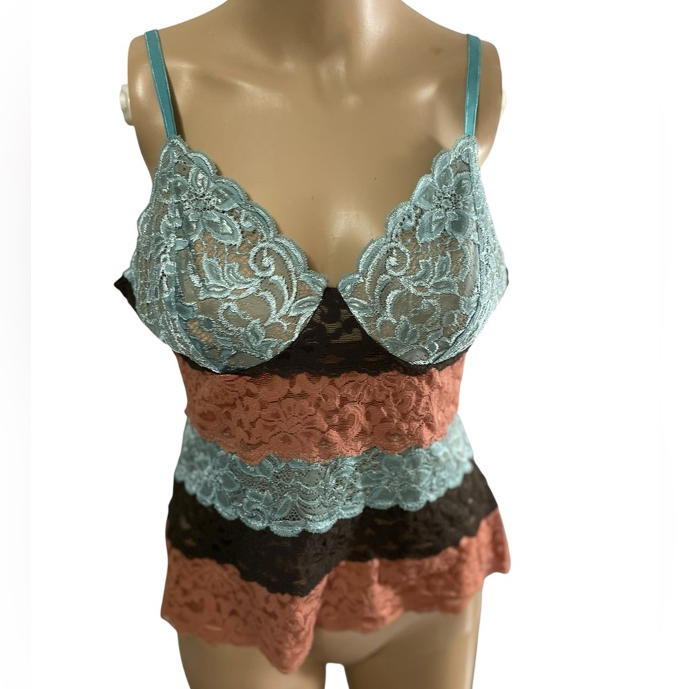 papillon blanc Babydoll Y2K Tank Cami Top Sz XL Aqua Brown Lace  Fairy Coquette